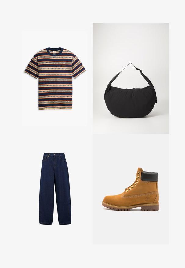 Rævnet T-shirt med korte ærmer i marineblå, creme og rød; har geometrisk mønster, rund hals og broderet gult logo på brystet.; Løse, mørkeblå denimjeans med høj talje, frontlommer og lige ben. Inkluderer sølvfarvet hardware og minimal syning.; Tan nubuck ankelstøvle med sort polstret krave, gyldne metaløjer, hvid syning detaljer og robust gummisål med udtalte slidbaner.; Sort stof skuldertaske med en buet form, udstyret med en enkelt rem og en lynlås lukning. Blød tekstur, minimalistisk design.