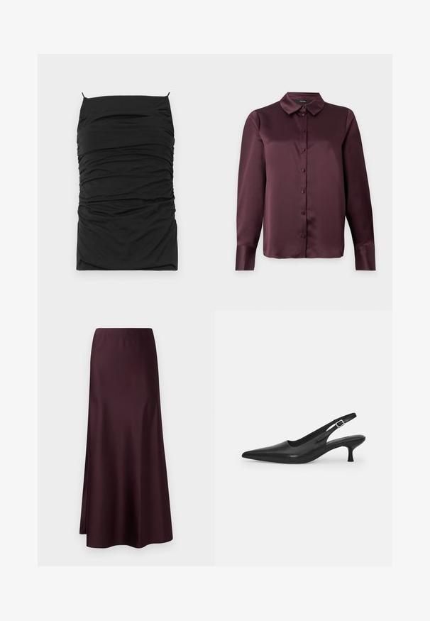Robe noire moulante avec texture froncée, dotée d'un décolleté droit et de fines bretelles réglables. Tissu doux pour le confort et l'ajustement.; Chemisier en satin bordeaux à boutons, avec un col classique, des manches longues et une texture lisse. Présente une patte de boutonnage avec des boutons assortis.; Jupe midi en satin bourgogne avec une texture lisse, une taille ajustée et un ourlet fluide, dotée d'une fente latérale pour plus de facilité de mouvement.; Chaussure slingback en cuir noir avec un bout pointu et un talon fin et incurvé. Dispose d'une sangle ajustable discrète avec une boucle en métal.