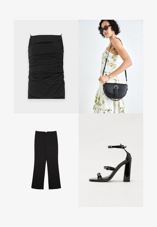 Black bodycon dress with ruched texture, featuring a straight neckline and thin adjustable straps. Soft fabric for comfort and fit.; Black trousers with a straight fit, featuring front pockets and side slits at the hem. Made of soft, smooth fabric. Suitable for various occasions.; Black patent heeled sandals with a square toe, ankle straps, and silver buckles. Features a chunky block heel for stability.; Black leather handbag with a curved shape, detachable strap, and gold hardware. The bag features a flap with a buckle detail.