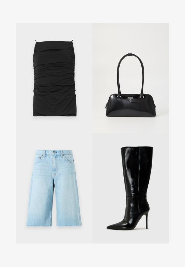 Zwarte bodycon jurk met gerimpelde textuur, voorzien van een rechte halslijn en dunne verstelbare bandjes. Zachte stof voor comfort en pasvorm.; Lichtblauwe denim shorts met een losse pasvorm, een rafelige zoom, vijf zakken en metalen hardware. Klassiek jeansontwerp met subtiele vervaging.; Zwarte leren kniehoge laarzen met een spitse neus en hoge stiletto hak. Soepele textuur en strak ontwerp, met minimale detailing.; Zwarte glanzende handtas met een gebogen silhouet, twee handvatten en een logo plaatje aan de voorkant. Ritssluiting en glanzende hardware accenten.; Zilveren creolen met een gladde, gepolijste afwerking. Ronde vorm met een licht gebogen ontwerp en versmolten randen. Met pin sluiting.