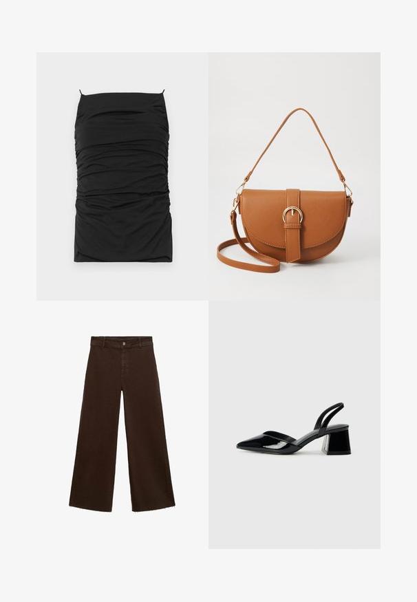 Schwarzes Bodycon-Kleid mit gerüschter Textur, versehen mit einem geraden Ausschnitt und dünnen verstellbaren Trägern. Weicher Stoff für Komfort und Passform.; Braune, weit geschnittene Hosen aus Baumwollmischung mit fransigem Saum, vorderem Knopfverschluss und klassischem Fünf-Taschen-Design. Minimalistisch und vielseitig.; Schwarze Lackleder-Slingback-High Heels mit spitzem Schuh und einem geometrischen Blockabsatz. Verfügt über ein schlankes, minimalistisches Design und eine glatte Textur.; Braune Leder-Crossbody-Tasche mit geschwungener Form, goldfarbenen Beschlägen und einer Schnallenakzentuierung. Verfügt über einen abnehmbaren Schultergurt.
