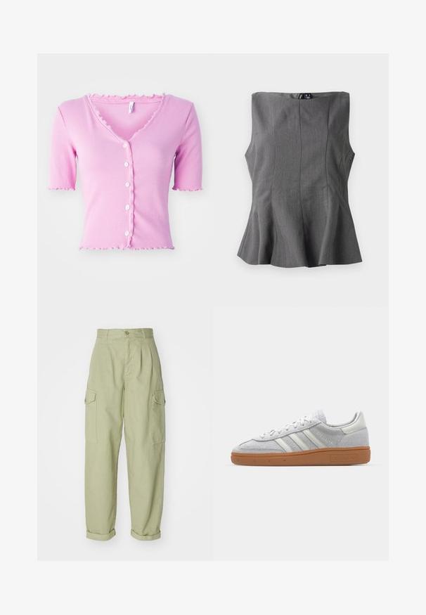 Pink ribbed short-sleeve cardigan with a V-neck, featuring five white buttons and a scalloped trim along the neckline and sleeves.; Gray peplum top with a structured, sleeveless design. Made of smooth fabric, featuring vertical seams and a straight neckline.; Light green cargo pants made from cotton fabric. Features a high waist, rolled cuffs, and two side cargo pockets for added utility.; Light grey suede sneaker with white leather accents, three white stripes, and a brown rubber sole, featuring a padded collar for comfort.