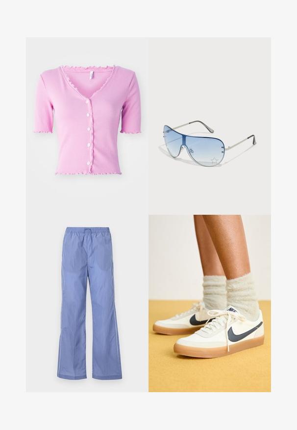 Cardigan scurt cu maneci scurte, ribatat, de culoare roz, cu decolteu în V, având cinci butoane albe și un tiv cu margine zimțată pe decolteu și maneci.; Pantaloni ușori albaștri, cu talie elastică, având o croială lejeră și dungi laterale. Confectionați dintr-un material neted și durabil.; Încălțăminte sport Nike albă cu swoosh bleumarin, țesătură texturată, șireturi albe și talpă din cauciuc, asociată cu șosete pufoase de culoare verde deschis. Fundal galben.; Ochelari de soare aviator cu lentilă gradient albastră, ramă metalică argintie și accente decorative sub formă de stele pe lentilă. Design neted și elegant.
