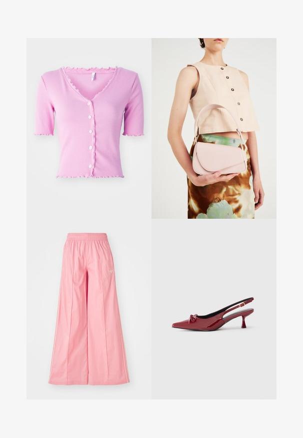 Ružičasti rebrasti kratki kardigan s kratkim rukavima i V-izrezom, s pet bijelih gumba i valovitim rubom duž izreza i rukava.; Roze široke hlače napravljene od lagane tkanine, sa elastičnim pojasom i suptilnim bijelim bočnim prugama. Mali logo na prednjem dijelu.; Crvene lakirane kožne cipele s otvorenom petom, s oštrim vrhom, malim potpeticama i detaljem mašnice sprijeda. Imaju izrezane detalje sa strane.; Ružičasta kožna torba s zakrivljenim poklopcem, jednim remenom za rame i čistim linijama. Torba ima glatku teksturu i minimalistički dizajn.
