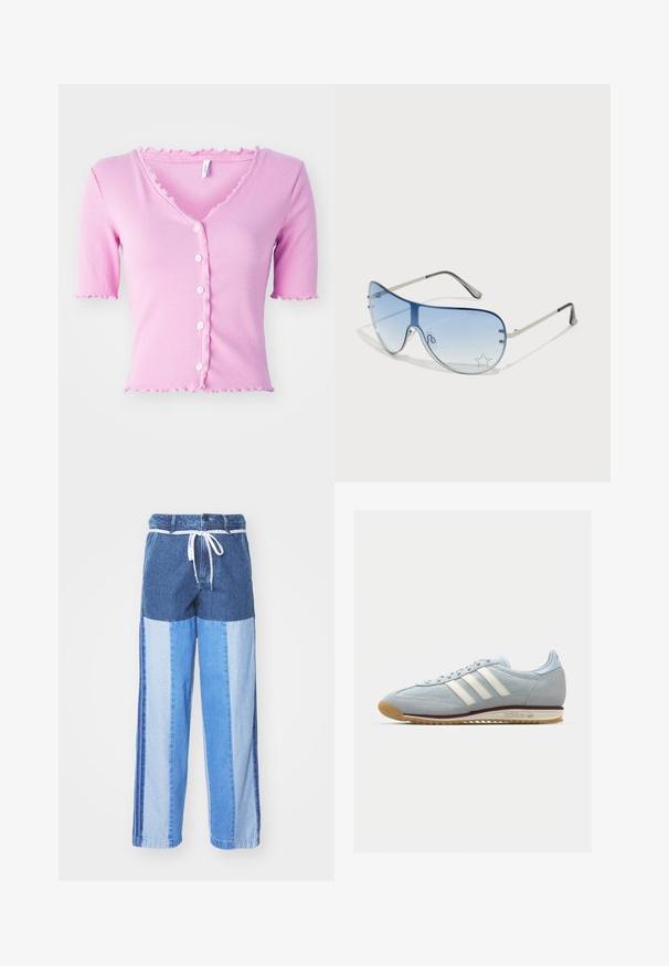 Rozā ribots īsu piedurkņu kardigans ar V veida kakla izgriezumu, kam ir pieci balti pogas un viļņota apmale gar kakla izgriezumu un piedurknēm.; Zilā džinsa bikses ar pārlikuma dizainu, kas sastāv no dažādiem zilās krāsas toņiem, ar auklu jostu un brīvām, taisnām kājām.; Gaiši zili zamša sporta apavi ar baltām trim svītrām, gumijas zoli un teksturētu sietu. Ietver gludu purngalu un zīmolu uz papēža.; Pilotstila saulesbrilles ar gradienta zilām lēcām, sudraba metāla rāmjiem un dekoratīvām zvaigžņu akcentiem uz lēcām. Gluda un eleganta dizaina.