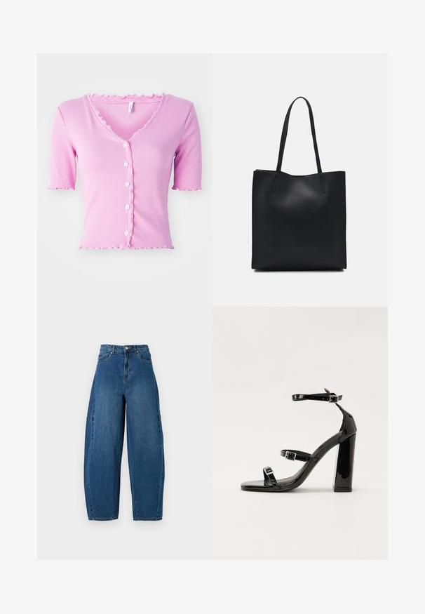 Rosa geripptes Kurzarm-Cardigan mit V-Ausschnitt, das fünf weiße Knöpfe und eine gewellte Borte entlang des Ausschnitts und der Ärmel aufweist.; Denimjeans in einer mittleren blauen Waschung, mit hoher Taille, weit geschnittenem Bein und dem typischen fünf Taschen Design mit sichtbaren Nahtdetails.; Schwarze patentierte Sandalen mit Absatz, quadratischer Spitze, Knöchelriemen und silbernen Schnallen. Mit einem stabilen Blockabsatz für mehr Stabilität.; Schwarze Laptoptasche aus Leder mit glatter Textur, rechteckiger Form und zwei langen Griffen. Keine sichtbaren Beschläge oder Verzierungen.