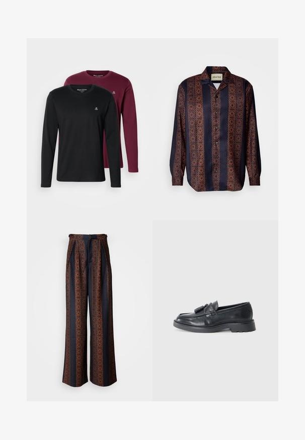 Du pasimos ilgomis rankovėmis marškiniai: vieni juodi, kiti bordo. Abu turi apvali kaklą, minkštą medvilnės medžiagą ir mažą siuvinėtą logotipą ant krūtinės.; Tamsiai mėlyna mygtukų marškiniai su gėlių geometriniu raštu oranžinės atspalviuose. Turinti apykaklę ir ilgomis rankovėmis su mygtukais.; Plati kelnės tamsiai mėlynos spalvos audinyje su sudėtingu oranžiniu geometriniu raštu, su surinktu priekiu ir prigludusia juosmens linija.; Juodi odiniai loafersai su apvaliu nose, juostele su kutais ir storesniu padu su raštu. Lygus paviršius ir klasikinis dizainas.