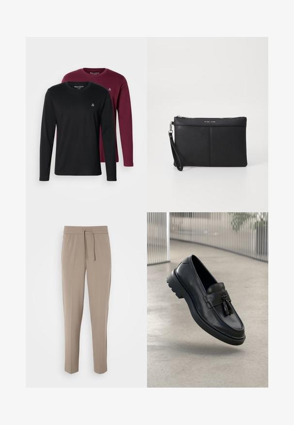 Kaks pika varrukaga T-särki: üks must ja teine burgundia. Mõlemal on ümmargune kaelus, pehme puuvillane materjal ja väike tikandiga logo rinnal.; Heledad beezised püksid elastse vöökohtaga, reguleeritava paelaga ja kitsenevad sääred. Kanga pind näib sile ja kerge sära.; Mustad nahast mokassiinid, millel on sile viimistlus, dekoratiivne tutt, paks kummist tald ja õmmeldud detailid. Kerge ja voolujooneline disain.; Must musta klamber, millel on luku sulgemine, randme rihm ja sile tekstuur. Omab peent õmblust ja esiküljel on reljeefne logo.