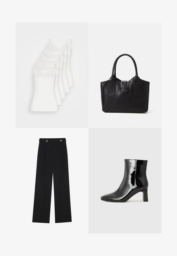 Vijf witte topjes met dunne bandjes, gemaakt van een zachte stof, met een aansluitend ontwerp en zonder opvallende versieringen.; Zwarte wijde broek met hoge taille, knoopdetails op de tailleband en plooien aan de voorkant.; Zwarte gepolijste leren enkellaars met een spitse neus en een blokhak van gemiddelde hoogte. Glad textuur en minimalistisch ontwerp.; Zwarte leren tote bag met een gladde textuur, gestructureerde vorm, twee handvatten en een opvallend zilveren sluitingdetail aan de voorkant.