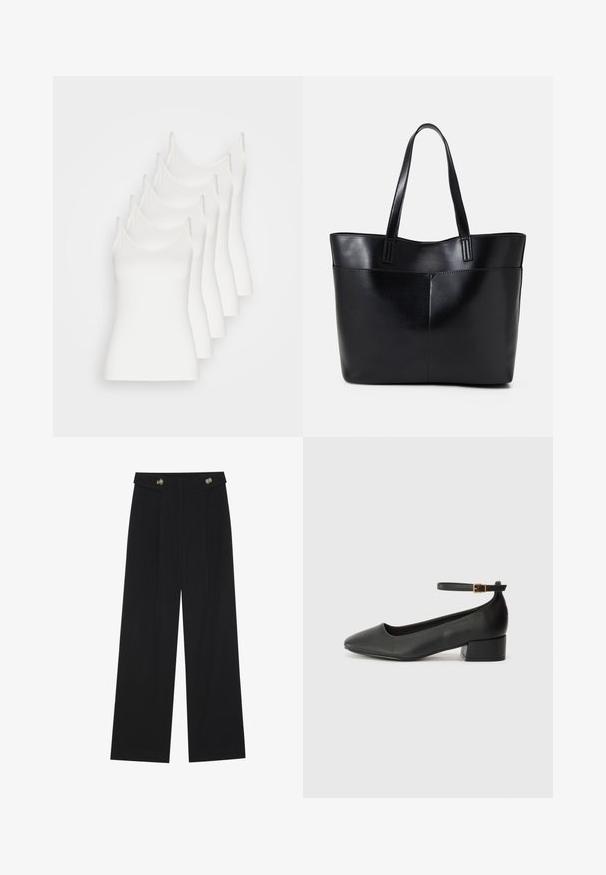 Five white camisole tops with thin straps, made of smooth fabric, featuring a fitted design and no notable embellishments.; Black wide-leg trousers with high waist, button details on waistband, and front pleats.; Black leather pump with a pointed toe and a low block heel. Features an ankle strap with a gold-tone buckle. Smooth texture.; Black leather tote bag with two long handles, a smooth texture, and a structured shape. Features a front pocket for additional storage.