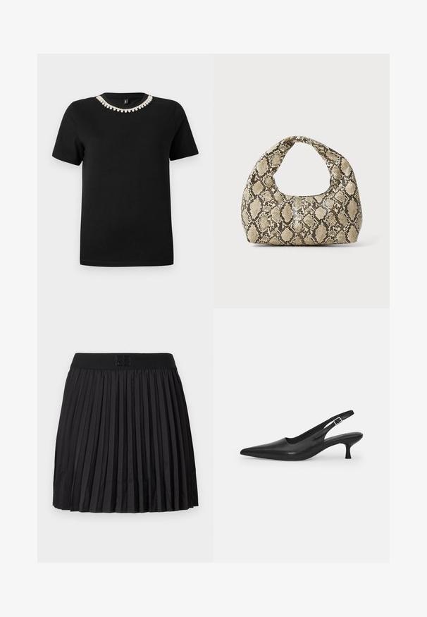 Camiseta de algodón negra con mangas cortas y cuello redondeado, que presenta un acento decorativo de cristales transparentes alrededor del cuello.; Falda plisada negra con una textura suave, que presenta una cintura negra sólida y un detalle de logo grabado en la parte delantera.; Zapato negro de piel tipo slingback con punta afilada y un tacón delgado y curvado. Presenta una correa ajustable discreta con una hebilla de metal.; Bolso de mano con estampado de serpiente y asa curvada. Hecho de materiales texturizados en tonos beige y marrón, con un patrónen diamante distintivo.