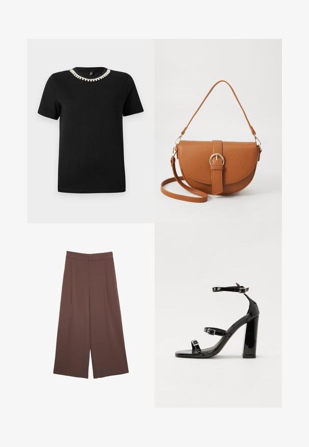 Czarny t-shirt z bawełny, krótki rękaw i okrągły dekolt, z ozdobnym akcentem w postaci przezroczystych kryształków wokół kołnierza.; Brązowe spodnie o szerokich nogawkach z gładką fakturą, z wysokim stanem i plisami z przodu. Materiał jest lekki i luźno opada.; Czarne lakierowane sandały na obcasie z kwadratowym noskiem, z paskami wokół kostki i srebrnymi klamrami. Posiadają masywny słupek dla stabilności.; Brązowa skórzana torba na ramię o zaokrąglonym kształcie, ze złotymi akcentami i zapięciem w formie klamry. Posiada odpinany pasek na ramię.