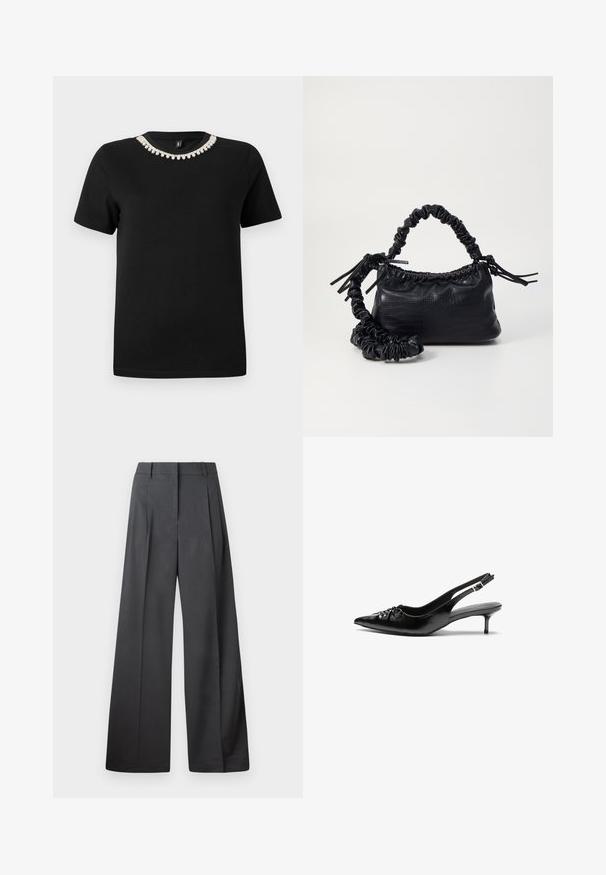 Black cotton t-shirt with short sleeves and a rounded neckline, featuring a decorative accent of clear crystals around the collar.; Wide-leg trousers in dark gray fabric, featuring a high waist, single pleats, and a smooth texture with a clean finish at the hems.; Black leather slingback heels with a pointed toe, low kitten heel, and gathered detail on the vamp. Smooth texture and minimalist design.; Black faux leather handbag with a crocodile texture, cinched top, and a scrunched strap. Appears soft and compact in design.