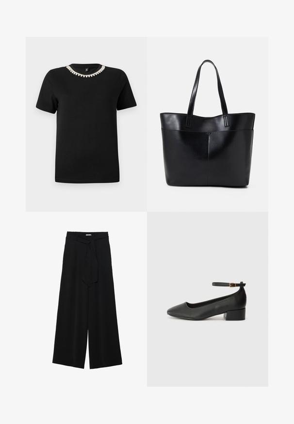 Black cotton t-shirt with short sleeves and a rounded neckline, featuring a decorative accent of clear crystals around the collar.; Black wide-leg pants featuring a textured fabric, an elastic waistband, and a detachable sash tie at the waist for adjustable fit.; Black leather pump with a pointed toe and a low block heel. Features an ankle strap with a gold-tone buckle. Smooth texture.; Black leather tote bag with two long handles, a smooth texture, and a structured shape. Features a front pocket for additional storage.