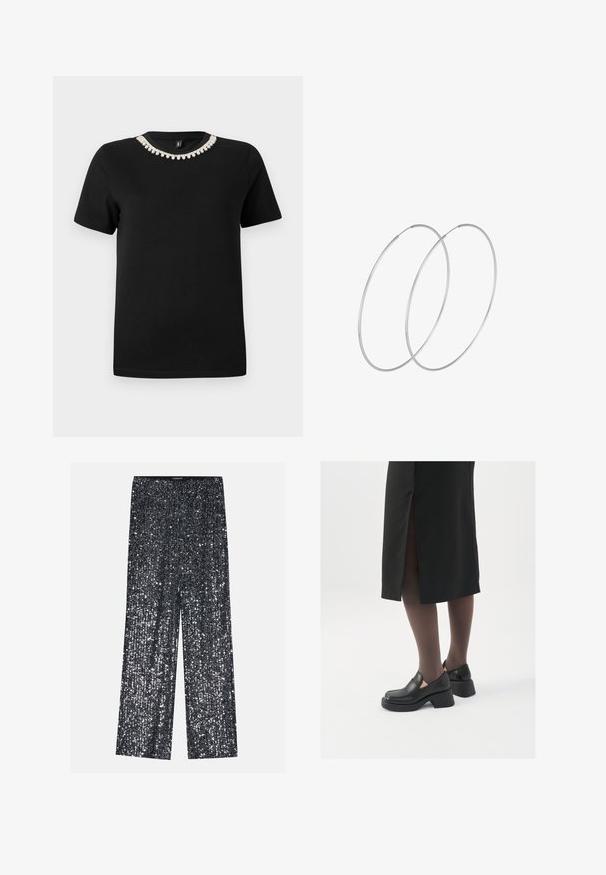 Svart bomullströja med korta ärmar och rundad halsringning, med en dekorativ accent av klara kristaller runt kragen.; Svarta palazzo byxor med palazzo-design och elastisk midja, med en blank, texturerad yta som reflekterar ljus.; Svarta läderskor med rund tå, tjock klack utan häl och elastiska sidodetaljer, kombinerat med mörka strumpbyxor och en svart kjol med slits.; Silverfärgade hoopörhängen med en minimalistisk design. Cirkulär form, slät yta och tunn profil. Lätta med en polerad finish.