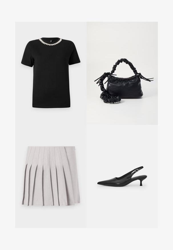 T-shirt nera in cotone con maniche corte e scollo rotondo, decorata con un accento di cristalli trasparenti attorno al colletto.; Gonna pieghettata grigia con una texture liscia, caratterizzata da molteplici pieghe verticali e una vita aderente. Realizzata in un tessuto leggero.; Scarpa slingback nera in pelle con punta affusolata e tacco sottile e curvato. Presenta una discreta fascia regolabile con una fibbia in metallo.; Borsa a tracolla in ecopelle nera con texture a coccodrillo, apertura cinchata e tracolla arricciata. Si presenta con un design morbido e compatto.
