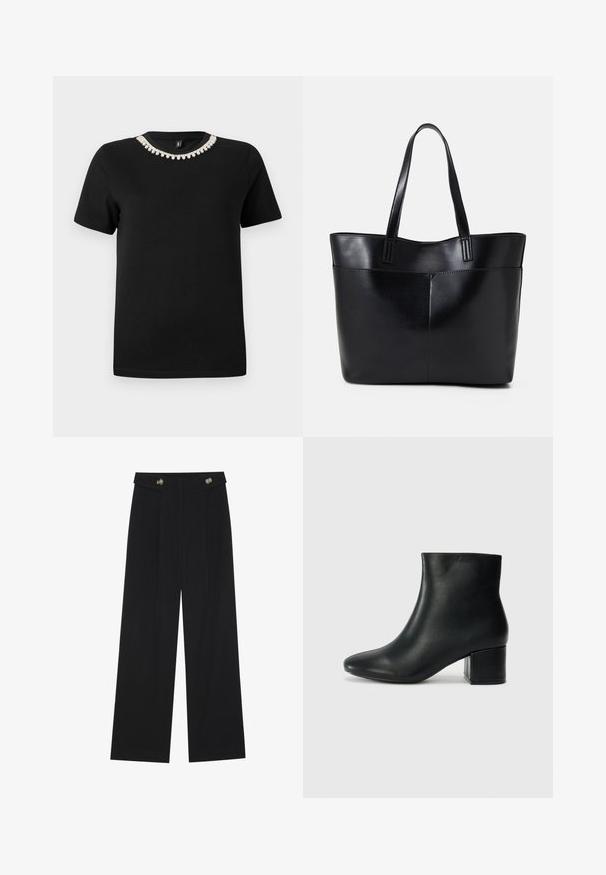 Black cotton t-shirt with short sleeves and a rounded neckline, featuring a decorative accent of clear crystals around the collar.; Black wide-leg trousers with high waist, button details on waistband, and front pleats.; Black leather ankle boots with a pointed toe and a chunky heel. Smooth texture with minimal accents and a sleek, fitted design.; Black leather tote bag with two long handles, a smooth texture, and a structured shape. Features a front pocket for additional storage.
