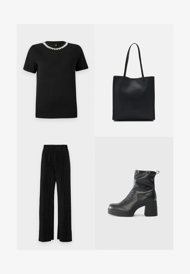 Fekete pamut póló rövid ujjakkal és kerek nyakkivágással, a gallér körül díszítő átlátszó kristályokkal díszítve.; Fekete pliszírozott nadrág gumis derekkal. Széles lábakkal rendelkezik, sima, texturált anyagból készült, függőleges csíkokkal.; Fekete bokacsizmák sima bőrből, oldalsó cipzárral, vastag, texturált sarkú és lekerekített orrú dizájnnal.; Fekete bőrtáska sima felszínnel, téglalap alakú, két hosszú füllel. Nincs látható fémkiegészítő vagy díszítés.