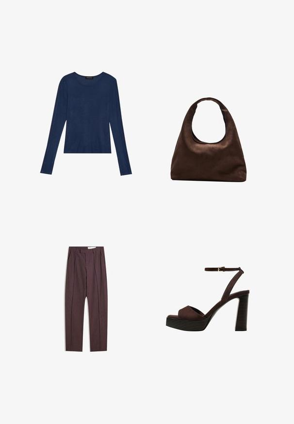Marinblå långärmad topp i mjukt material, har en rund halsringning och platta sömmar längs ärmarna, med en avslappnad passform.; Lila randiga byxor med veck, med hög midja och raka ben. Tillverkade av ett slätt, texturerat tyg.; Bruna mocka högklackade sandaler med öppen tå, justerbar vristrem och en randig plattformssula.; Mjuk brun hobo-väskastil med ett brett axelband och en rundad öppning upptill, visad på en vit bakgrund.