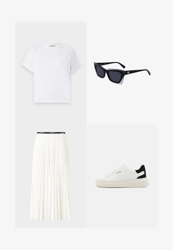 Tricou alb din bumbac, cu guler rotund, mâneci raglan scurte și o croială lejeră. Textură netedă, fără modele sau accente vizibile.; Fustă plisată albă cu un brâu elastic negru, având logo-ul "LACOSTE". Design de lungime medie, cu textură moale.; Adidași din piele albă cu o talpă groasă albă, accent de călcâi din suede negru și logo embosat pe lateral. Design cu șireturi și șase orificii.; Ochelari de soare supradimensionați, negri, cu o formă geometrică, având lentile întunecate și un detaliu gri contrastant pe ramă. Logo pe braț.