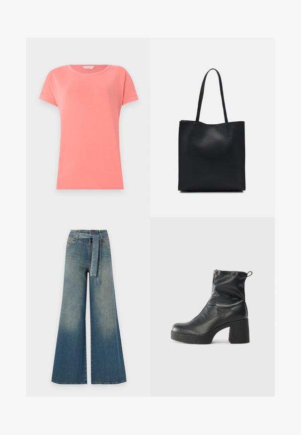 Koralo rožinės spalvos trumpomis rankovėmis marškinėliai, pagaminti iš minkštos medvilnės, su apvaliu iškirpimu. Turi paprastą dizainą ir lygų audinio paviršių.; Platus džinsinis kelnes su šviesiai tamsiai mėlynu gradientu, aukštu juosmeniu, diržo kilpomis ir atitinkančiu audinio diržu. Textūruotas džinsinis paviršius.; Juodos kulkšninių botai, pagaminti iš lygaus odos, su šoniniu užtrauktuku, masyviu tekstūruotu kulnu ir apvaliu pirštu.; Juodas odinis tote krepšys su lygia tekstūra, stačiakampio formos ir dviem ilgais rankenomis. Matomų metalinių detalių ar puošybos nėra.