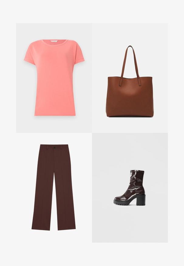 Koraļļu rozā īsās piedurknes t-krekls, izgatavots no mīkstas kokvilnas ar apaļu kakla izgriezumu. Tam ir vienkāršs dizains un gluda auduma tekstūra.; Platas kājas bikses bagātā brūnā audumā. Iekļauj pogu aizdari, divas priekšējās kabatas, gludu tekstūru un tīras līnijas.; Spīdīgas bordo potīšu botītes ar masīlu melnu papēdi, kurām ir gluda tekstūra un vienkāršs dizains. Nav redzamu aizdari vai rakstu.; Brūna ādas iepirkumu soma ar gludu tekstūru, atvērta augšdaļa un divas plecu siksnas. Izceļas ar minimālām šuvēm un redzamu aparatūru nav.