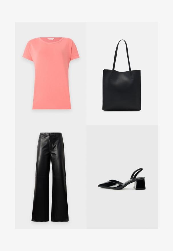 Korallipinkki lühikesleeve t-särk, mis on tehtud pehmest puuvillast ja millel on ümmargune kaelus. Omab lihtsat disaini ja sujuvat kangatekstuuri.; Mustad talje laiad jalad kunstnahast püksid esipaneeli nööbi ja lukuga, vöödega ja küljetaskutega valge tausta peal.; Mustad musta lakknahk kingad, millel on terav varvas ja geomeetriline plokkkonts. Omab elegantselt minimalistlikku disaini ja sujuvat tekstuuri.; Mustast nahast kott sujuva tekstuuriga, ristkülikukujuline ja kahe pika sangaga. Pole nähtavat riistvara ega kaunistusi.