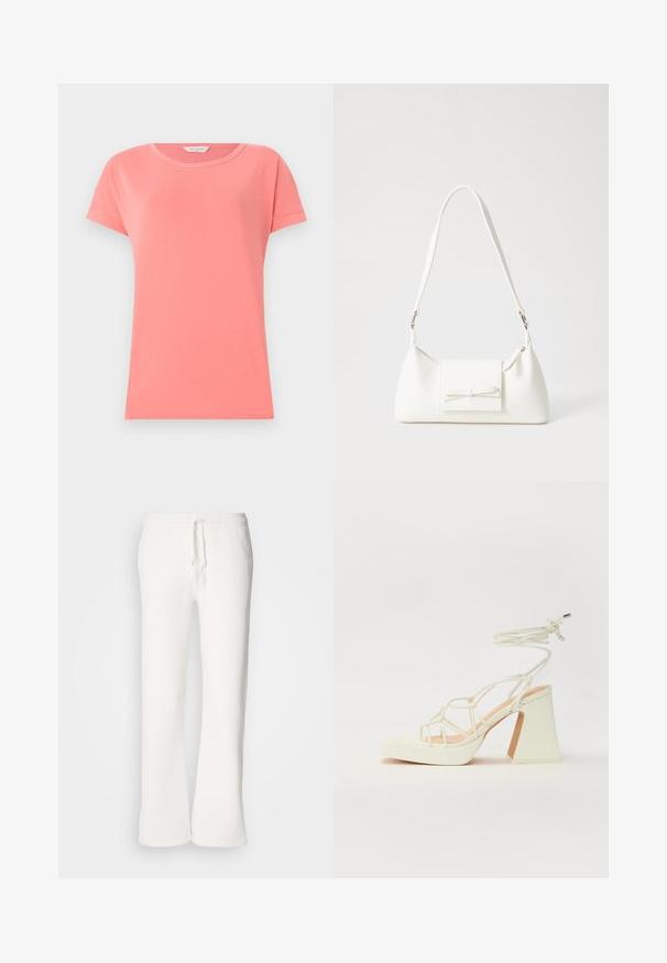 Korale różowa koszulka z krótkim rękawem wykonana z miękkiej bawełny, z okrągłym dekoltem. Posiada prosty design i gładką teksturę materiału.; Białe, luźne spodnie dresowe wykonane z miękkiego materiału, z elastycznym paskiem w talii i prostymi nogawkami.; Biała sandał na wysokim obcasie z masywnym słupkiem, z paskowym wzorem i wiązaniem przy kostce. Gładka faktura z platformą z przodu dla dodatkowej wysokości.; Biała syntetyczna torba o trójkątnym kształcie, płaskim przednim klapce i detalach w postaci kokardy, regulowanym pasku, gładkiej fakturze oraz minimalistycznym designie.