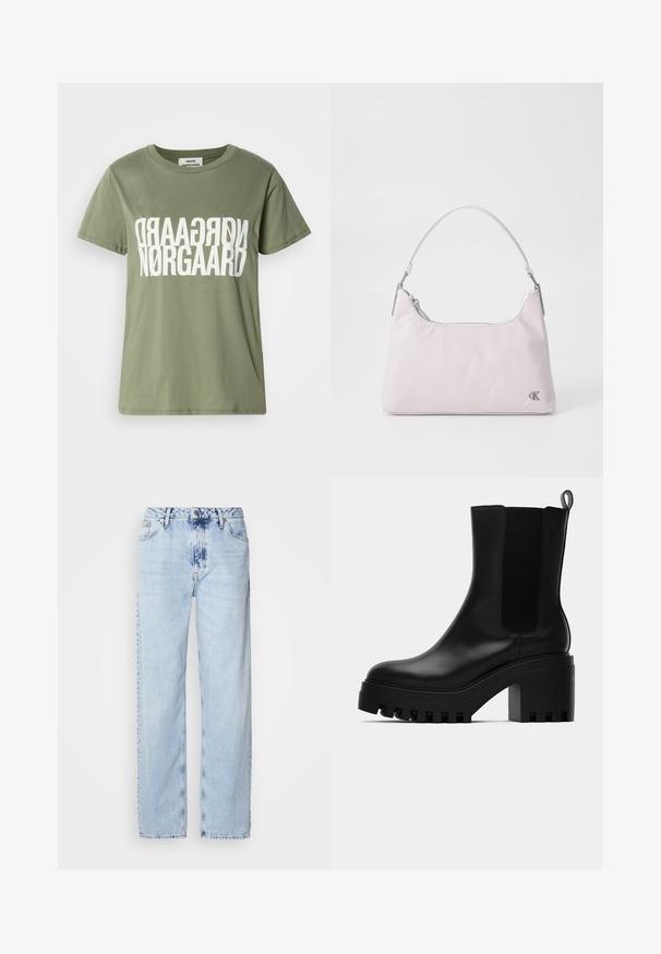 Alyvuogių žalios spalvos medvilninis marškinėliai trumpomis rankovėmis, su dideliu baltu atvirkščiu užrašu „NØRGAARD“ centre. Apvalus iškirpimas.; Šviesiai mėlynos plačios kelnės, pagamintos iš džinsinio audinio, su aukšta juosmens linija, išblukusiu plovimu ir subtiliu tinių dažymu priekyje.; Juodi odiniai kulkšniniai batai su apvaliu nosiu, masyviu platformos padu ir tinklelio šoninėmis detalėmis. Yra traukimo kilpa, skirta patogiam užsidėjimui.; Šviesiai rožinė nailono petnešos krepšys su kreiviu rankenėle, užtrauktuko uždarymu viršuje, sidabriniais aksesuarais ir mažuoju logotipu šone.