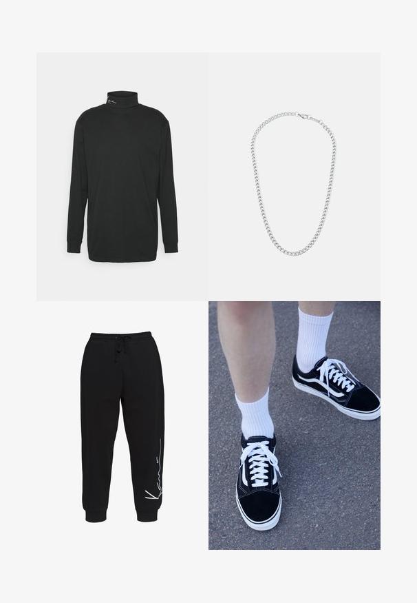 Čierny dlhý rukáv rolák vyrobený z bavlny, ktorý má vysoký golier a malý logotyp v oblasti krku. Hladká textúra.; Čierne tepláky vyrobené z bavlny, so elastickým pásom na šnúrku, zužujúcimi nohavicami a bielym logom na ľavej strane.; Čierne zamatové tenisky s bielymi akcentmi a šnúrkami, spárované s bielymi rebrovanými ponožkami, umiestnené na textúrovanej šedej ploche.; Strieborný kovový náhrdelník z retiazky s prepojenými článkami a bezpečnou sponou, hladký povrch, rovnomerný finiš a klasický dizajn.