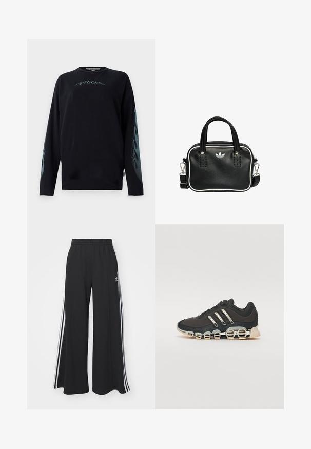 Crna dugorukava majica od pamuka, s plavim plamenom na rukavima i malim logotipom na prsima. Dizajn s kružnim izrezom.; Crne široke trenirke s elastičnim pojasom, s bijelim bočnim trakama i izvezenim logom na lijevom bedru.; Crne atletske tenisice s teksturiranim gornjim dijelom, tri srebrne pruge i posebnim potplatom s višestrukim integriranim sekcijama.; Crna kožna torba s dva kratka ručka, srebrnim detaljima, bijelim naglascima i bijelim logotipom. Ima teksturiranu površinu i kompaktni dizajn.