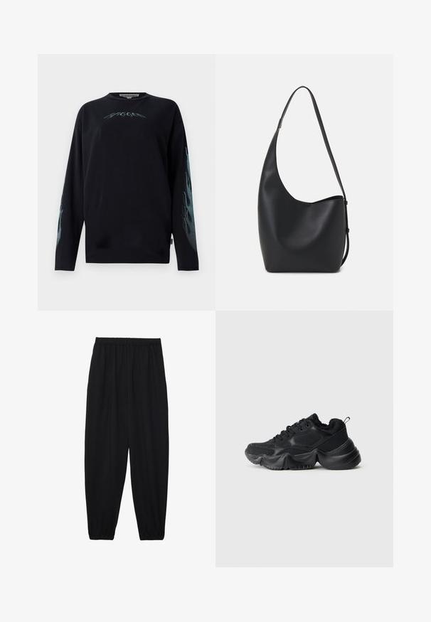 Black long-sleeve t-shirt in cotton, featuring blue flame graphics on sleeves and a small logo on the chest. Crew neck design.; Black, lightweight pants with an elastic waistband and gathered ankles. The fabric is smooth and features a relaxed, tapered design.; Black sneakers with a mix of smooth and textured materials, thick soles, rounded shape, and decorative stitching. Features a soft, plush cuff.; Black leather hobo bag with a smooth texture, curved shape, and single adjustable strap; features a wide opening at the top.