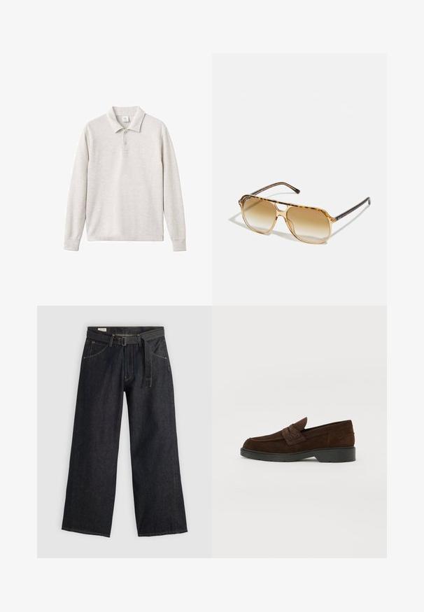 Svetle šedý dlouhý rukáv polo tričko s tříknoflíkovým zapínáním, žebrovaným límcem a manžetami, vyrobené z měkké tkaniny s hladkou strukturou.; Tmavé denimové kalhoty s širokými nohavicemi a páskem v pase, s předními kapsami a kontrastním prošíváním. Hladká textura s čistým designem.; Hnědé semišové mokasíny s kulatou špičkou a robustní černou gumovou podrážkou. Obsahují dekorativní pásek a prošití na svršku.; Kočičí brýle v želvovinovém stylu s obdélníkovým rámem, hnědými gradientovými skly a elegantními černými nohami s jemnými logovými detaily.