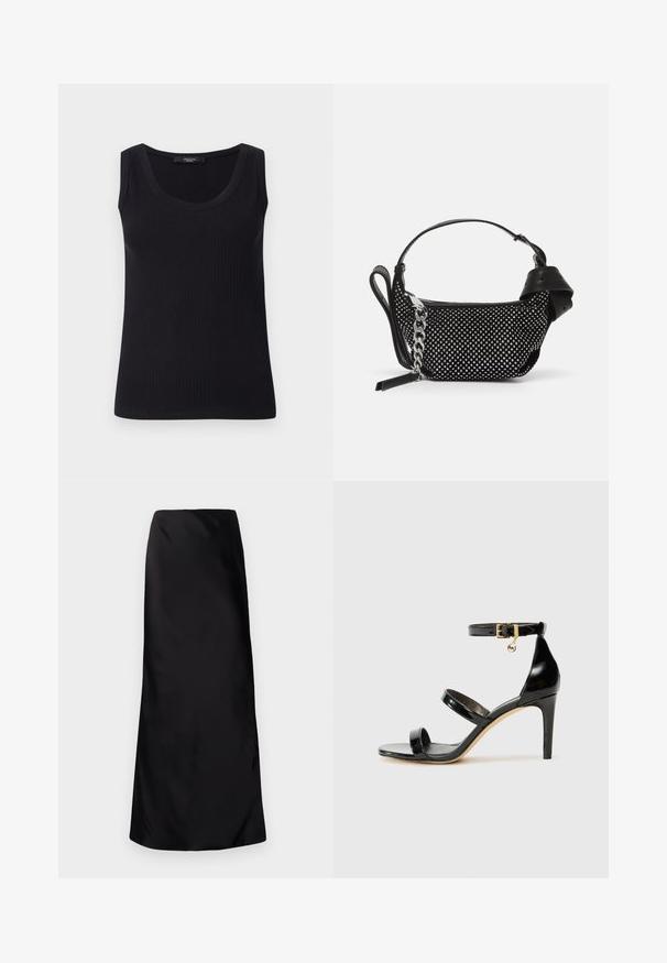 Sort ribbet tanktop med rund udskæring, uden ærmer og en tætsiddende pasform. Glat struktur og let stræk.; Norma Kamali BIAS OBIE SKIRT - Maxinederdele - black; Sorte patenterede lædersandaler med tre stropper, ankelspænde og 10 cm stiletthæl. Har detaljer i guld og et logo charms.; Sort håndtaske med naglede dekorationer, en kædestrop og et glat læderhåndtag, med en rund form og en lynlåslomme.
