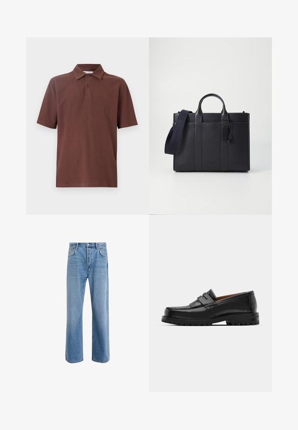 Brūna polo krekls, kas izgatavots no elpojoša auduma, ar klasisku apkakli un trīs pogām, ar diskrētu logotipu uz krūtīm.; Gai zilas džinsu bikses ar taisnām kājām, piecām kabatām, pogu aizvēršanu, minimālu izbalēšanu un kontrastējošiem šuvju elementiem.; Melni ādas loafers cepumi izceļas ar paceltu šuvu, divām dekoratīvām siksnām augšpusē un biezu teksturētu zoli labākai saķerei.; Tumši jūras zila ādas portfelis ar divām augšējām rokturiem un noņemamu siksnu. Ar teksturētu apdari, vertikālām šuvēm un logo detaļu.