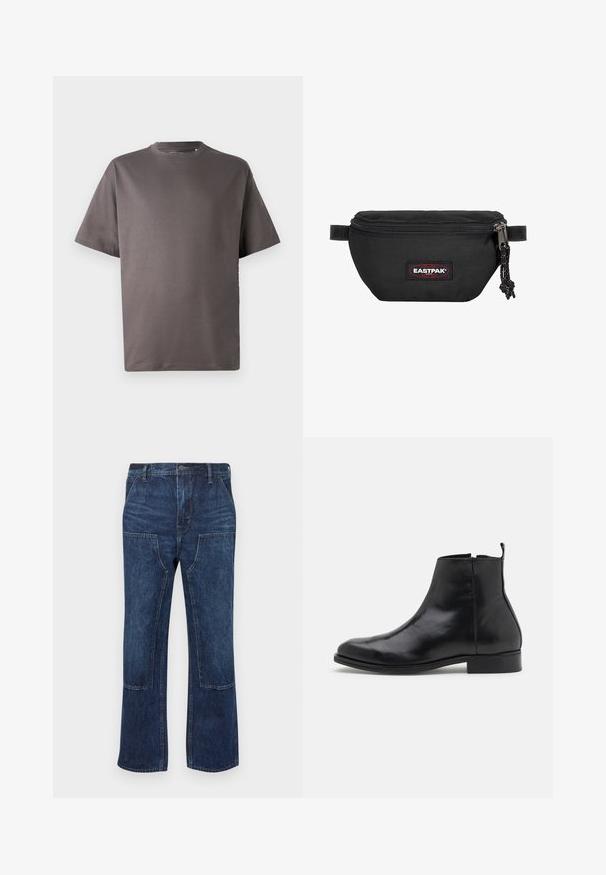 Tmavě šedé tričko s krátkým rukávem a kulatým výstřihem, vyrobené z měkké tkaniny, s volným střihem a bez viditelných vzorů nebo akcentů.; Tmavě modré džíny z denimu s uvolněným střihem, širokými nohavicemi a našitými kapsami na přední straně. Hladký povrch s minimem švů.; Zign LEATHER - Kotníkové boty - black; Černá ledvinka vyrobená z odolné tkaniny, s uzavíráním na zip, nastavovacími popruhy a červeným a černým logem na přední straně.