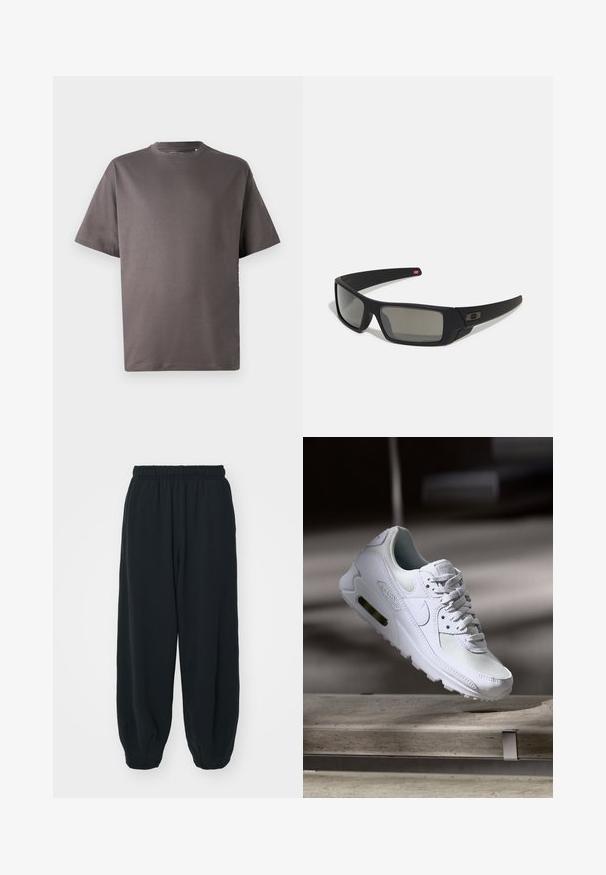 Donkergrijze t-shirt met korte mouwen en een ronde hals, gemaakt van zachte stof, met een ontspannen pasvorm en zonder zichtbare patronen of accenten.; Zwarte, elastiche sweatpants met een losse pasvorm, manchetten aan de enkels, een zachte textuur en zonder zichtbare patronen of hardwareaccenten.; Witte Nike Air Max 90 sneaker met een bovenwerk van mesh en leer, een geperforeerde teenbox en een zichtbare luchtunit in de hiel.; Zwarte zonnebril met een matte afwerking, rechthoekige glazen, een lichte kromming op de slapen, subtiele logodetails en rookgetinte glazen.