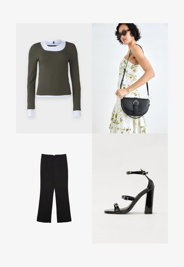 Pitkähihrinen paita oliivinvihreästä ribbumateriaalista, jossa on valkoinen pyöreä kaulus ja hihansuut, ja se on muotoiltu tiukaksi ilman saumoja.; Mustat housut suoralinjaisella leikkauksella, joissa on etutaskut ja sivurei'ät helman alla. Valmistettu pehmeästä ja sileästä kankaasta. Sopii eri tilaisuuksiin.; Musta kiiltävä korkokenkä sandaalit neliönmuotoisella varpaalla, nilkkaremmillä ja hopeisilla soljilla. Varustettu tukevalla lohkokorkealla vakauden takaamiseksi.; Musta nahkainen käsilaukku, joka on kaareva muotoilultaan, irrotettavalla hihnalla ja kultaisilla yksityiskohdilla. Laukussa on läppä, jossa on solk yksityiskohta.