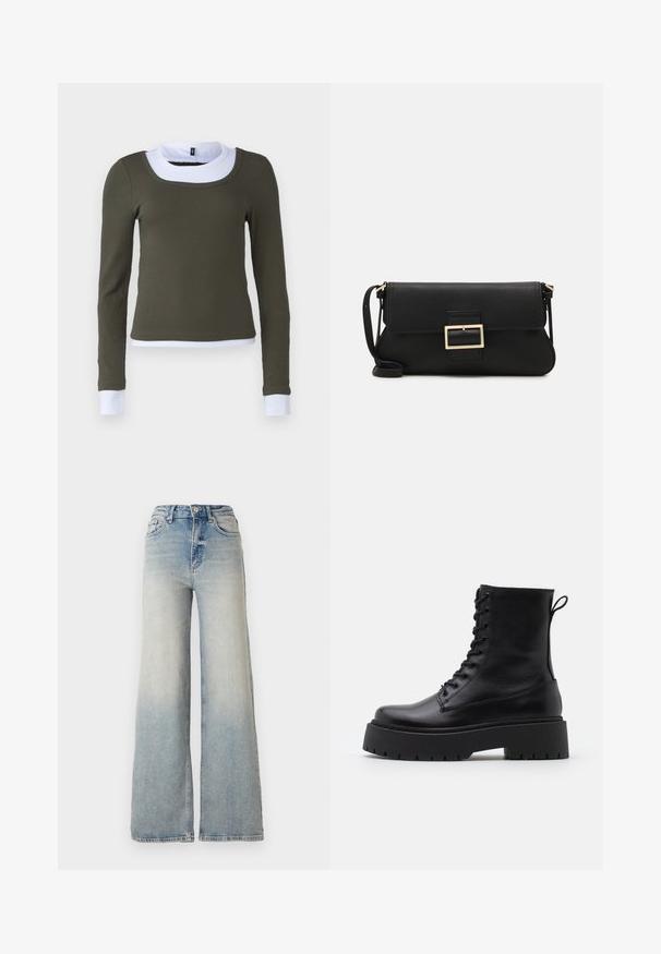 Dolgi rokav v olivno zeleni rebrasti tkanini z belim okroglem ovratnikom in poudarjenimi manšetami, s prilegajočim dizajnom in brezšivno konstrukcijo.; Svijetloplave široke traperice s visokim strukom, koje imaju pet džepova i vidljivo šivanje uz šavove.; Črne usnjene gležnjarje z okroglo konico, vezalnim sprednjim delom in debelim gumijastim podplatom z teksturiranim profilom. Zanka na hrbtni strani.; Črna usnjena torbica na preklop z zlato kovinsko zaponko. Vključuje črn trak in eleganten, minimalističen dizajn.; Zlate obroče ušesne uhane, tanke in krožne oblike, z gladko kovinsko površino brez okrasnih elementov ali vzorcev.