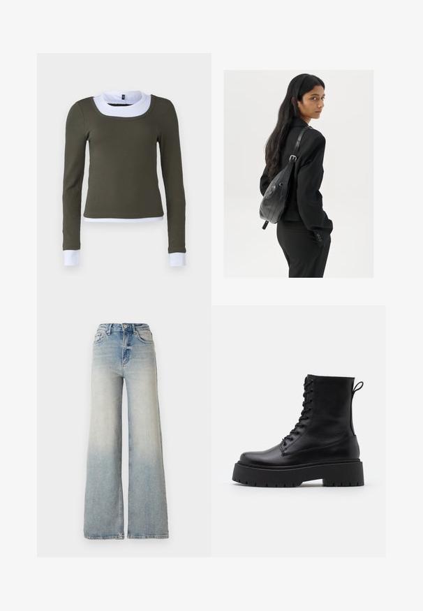 Langermet topp i olivengrønn ribbestrikket stoff med hvit rund krage og mansjettakenter, med en tettsittende design og sømløs konstruksjon.; Lyseblå vide jeans laget av denim, med høy midje, fem lommer og synlige sømmer langs sømmene.; Sorte skinn ankelstøvler med rund tå, snøring foran og tykk gummisåle med teksturert mønster. Håndtak bak.; Kvinne med langt mørkt hår iført et svart jakkesett, som bærer en svart skinn skulderveske, og ser over skulderen mot en hvit bakgrunn.