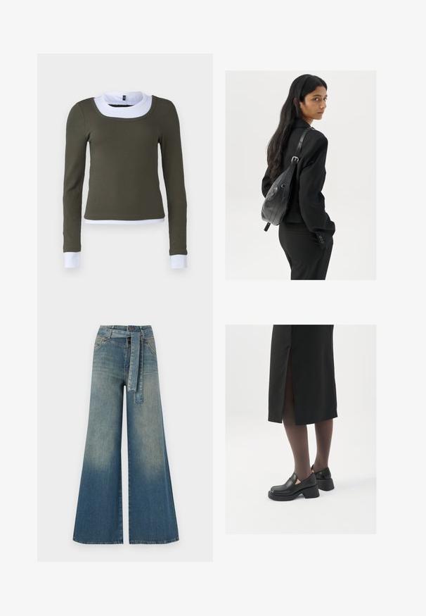 Hosszú ujjú felső olíva zöld bordázott anyagból, fehér, kerek nyakkal és mandzsetta részletekkel, testhezálló fazonnal és varrás nélküli kivitelezéssel.; Bőszárú farmernadrág, világos és sötétkék árnyalatokkal, magas derekú, övgyűrűkkel és a nadrággal megegyező anyagú övvel. Textúrált farmer kivitel.; Fekete bőr cipők lekerekített orral, vastag blokk sarkakkal és elasztikus oldalsó díszítésekkel, sötét harisnyával és hasítékkal ellátott fekete szoknyával párosítva.; Hosszú, sötét hajú nő fekete öltönyben, fekete bőrtáskával a vállán, a vállán át néz a fehér háttér előtt.