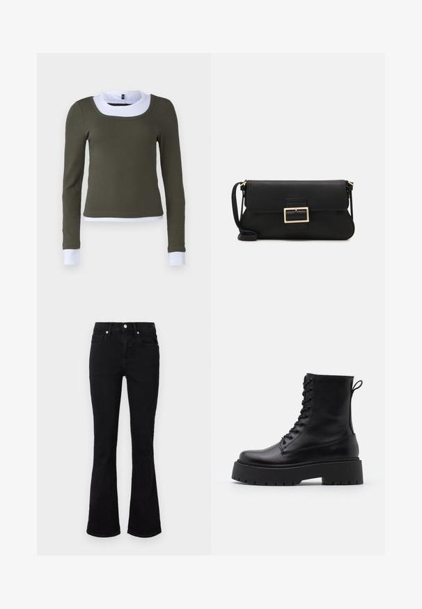 Top cu mâneci lungi din material ribbed verde măsliniu, cu guler rotund alb și accente la manșete, având un design ajustat și o construcție fără cusături.; Jeanși negri evazați din denim, cu talie medie, buzunare frontale și închidere cu nasture. Textură netedă, cu detalii minime de cusătură.; Botine din piele neagră, până la gleznă, cu vârful rotund, șireturi în față și o talpă groasă din cauciuc cu un model texturat. Fâșie de tragere la spate.; Geantă de mână din piele neagră, cu clapetă și un detaliu din metal auriu. Include o curea neagră și un design elegant, minimalist.