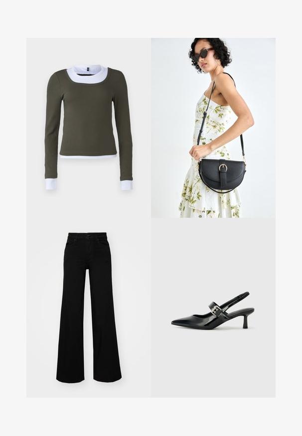 Langärmliges Oberteil aus olivgrünem Rippstoff mit weißem, rundem Kragen und Akzenten an den Bündchen, das eine figurbetonte Passform und nahtlose Verarbeitung aufweist.; Schwarze weit geschnittene Hose aus Denim, mit einem strukturierten Bund, Gürtelschlaufen und Fronttaschen. Glatte Textur mit klassischem Design.; Schwarze Lackleder Slingback-Absätze mit spitzem Zeh und kleinem Blockabsatz, ausgestattet mit einem silbernen Schnallenakzent am Riemen.; Schwarze Lederhandtasche mit geschwungener Form, abnehmbarem Tragegurt und goldenen Beschlägen. Die Tasche verfügt über einen Deckel mit einer Schnallen-Details.