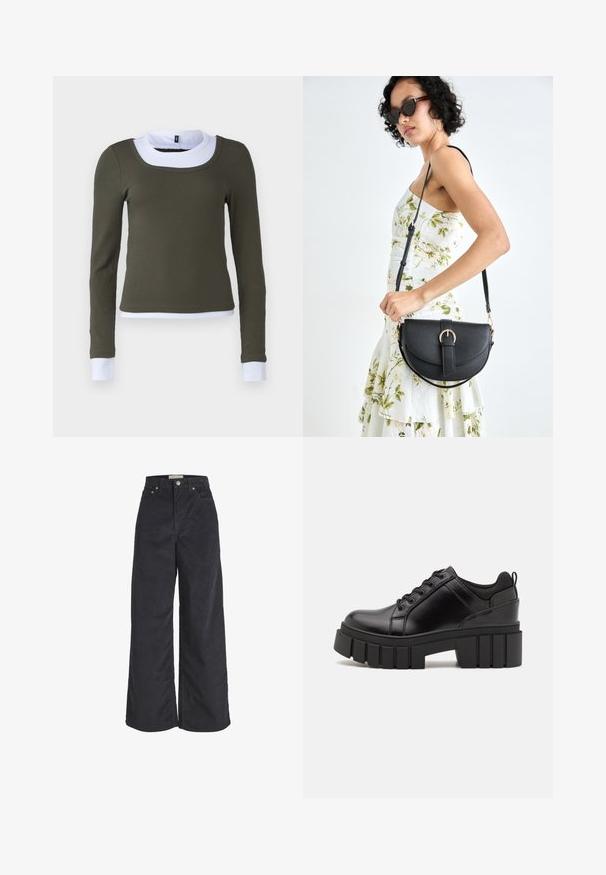 Dlhý rukáv top v olivovo zelenej rebrovanej tkanine s bielym okrúhlym golierom a akcentmi na manžetách, so štíhlym strihom a bezšvovou konštrukciou.; Čierne kordové nohavice s širokými nohavicami, vysokým pásom, predným zapínaním na gombík a dvoma bočnými vreckami. Mäkká textura a rovný strih.; Čierne kožené platformy s masívnym blokovým podpätkom, okrúhlou špičkou a tradičným šnurovaním. Má hladký povrch a minimálne detaily.; Čierna kožená kabelka s zaobleným tvarom, odnímateľným popruhom a zlatými doplnkami. Kabelka má klopu s detailom s prackou.