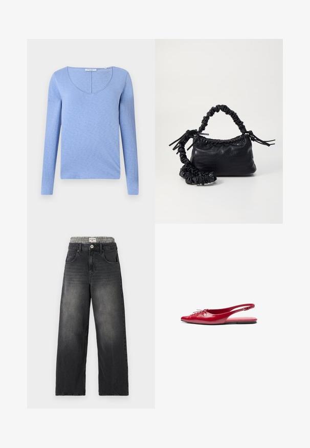 Vaaleansininen pitkähihainen paita, jossa on V-pääntie, valmistettu pehmeästä tekstiilipinnasta. Paidassa on sauma pääntien kohdalla ja suora helma.; Mustat farkut leveillä lahkeilla, joissa on houndstooth-kuvioitu vyötärö. Ominaisuuksiin kuuluu etutaskut ja nappikiinnitys. Kuluneet yksityiskohdat.; Punainen nahkainen slingback-mokkasiini, jossa on teräväkärkinen muotoilu ja koristeellinen nauhakiinnitys edessä. Kenkässä on ohut nilkkaremmi ja tasapohja.; Must-have mustekahvi nahkalaukku krokotiiliaistalla, kiristetty yläosa ja rypistetty hihna. Näyttää pehmeältä ja kompaktilta muotoilultaan.