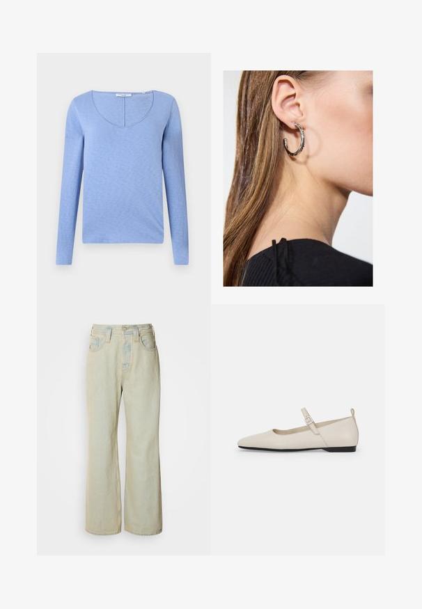 Šviesiai mėlynas ilgomis rankovėmis viršus su V-formos iškirpte, pagamintas iš minkštos tekstūros audinio, su siūle aplink iškirptę ir tiesia apačia.; Šviesiai mėlynos plataus kirpimo džinsai, pagaminti iš džinsinio audinio, su aukštu liemeniu, penkiomis kišenėmis ir subtiliu blukimu su kontrastingomis siūlėmis.; Balti odiniai Mary Jane batai su smailiu priekiu, šoniniu užsegimu ir žemu juodu kulniuku. Sklandus paviršius ir minimalistinis dizainas.; Sidabrinė lankinė auskarai su poliruotu paviršiumi, turintys mažus auksinius akcentus ir apvalią formą, dėvimi ant ausies kaušelio.