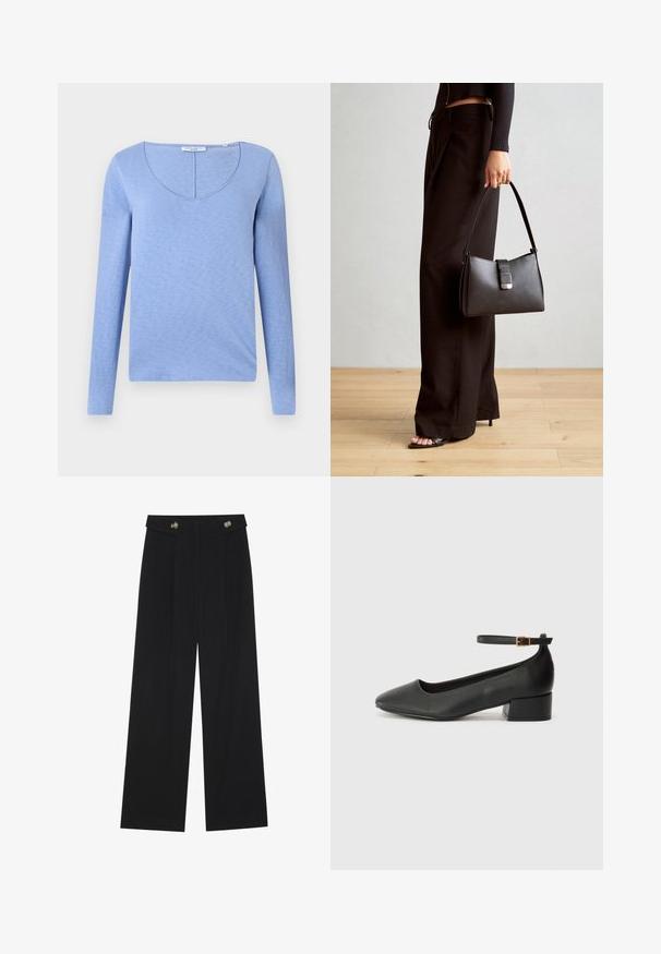 Hele sinise pika varrukaga topp V-kaelusega, valmistatud pehmest tekstuuriga kangast, millel on õmblus kaeluse ääres ja sirge alläär.; Mustad laiad püksid kõrge vöökoha ja nööpdetailidega vööandil, esikortsudega.; Must mustaapp, millel on terav nina ja madal blokk-kand. Omab pahkluu rihma koos kuldse tooni pandlaga. Sile tekstuur.; Must musta kott, millel on struktureeritud kuju, sile tekstuur ja metallist klamber. Kombineeritud laiate mustade pükstega ja avatud varvaste sandaalidega puidust põrandal.