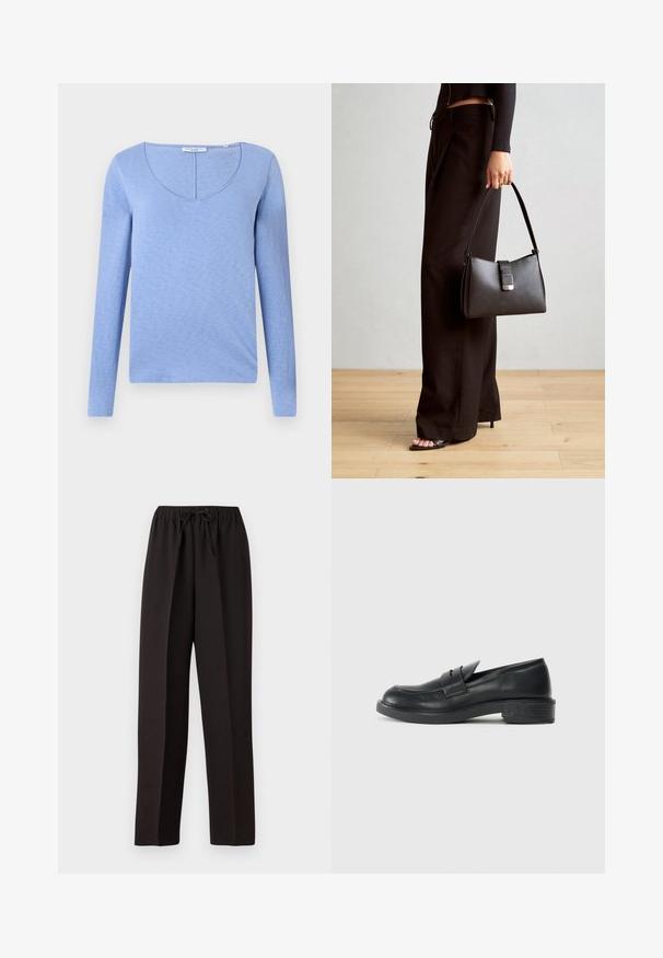 Light blue long-sleeve top with a V-neckline, made from soft textured fabric, featuring a seam along the neckline and a straight bottom hem.; Black, wide-leg pants with an elastic waistband and adjustable drawstring. Made from a smooth, lightweight fabric with no visible patterns.; Black leather loafers with a rounded toe, stitched detailing, and a small heel. Smooth texture and a flexible rubber sole.; Black handbag with structured shape, smooth texture, and a metallic clasp. Paired with wide black pants and open-toe sandals on wooden floor.