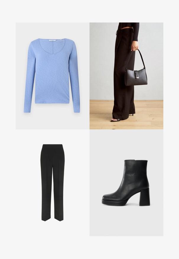 Bluză lungă cu mâneci, de culoare albastru deschis, cu decolteu în V, realizată dintr-un material texturat moale, având o cusătură de-a lungul decolteului și o margine inferioară dreaptă.; Pantaloni negri cu un design drept, având o talie simplă și fără buzunare vizibile, expuși pe un fundal alb.; Botină din piele neagră, cu toc pătrat și talpă platformă, văzută din lateral pe un fundal alb simplu.; Genți negre cu o formă structurată, textură netedă și un închizător metalic. Asortată cu pantaloni negri largi și sandale cu vârf deschis pe un podea din lemn.