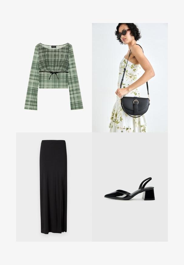 Roheline ruuduline lühike topp pikade varrukatega, kogutud kaelusega ja musta lipsu aksendiga talje juures. Valmistatud kergest kangast.; Must vest musta pehmeast ja venivast materjalist. Omab külgsuunda lõhet ja lihtsat, voolujoonelist disaini ilma kaunistusteta.; Mustad musta lakknahk kingad, millel on terav varvas ja geomeetriline plokkkonts. Omab elegantselt minimalistlikku disaini ja sujuvat tekstuuri.; Mustmust mustraha kõverate joontega, eemaldatava rihmaga ja kuldsete detailidega. Kotil on klapp, millel on pandladetail.